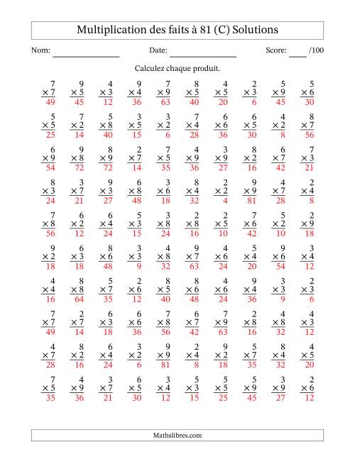 Multiplication des faits à 81 (100 Questions) (Pas de zéros ni de uns) (C) page 2