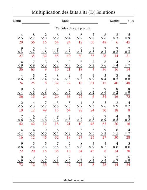 Multiplication des faits à 81 (100 Questions) (Pas de zéros ni de uns) (D) page 2