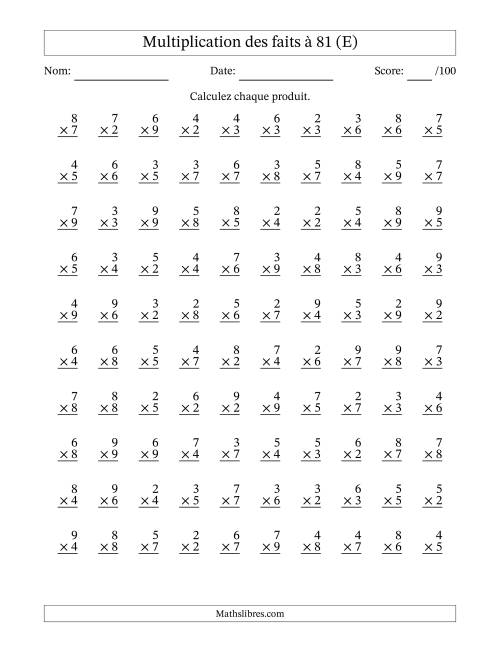 Multiplication des faits à 81 (100 Questions) (Pas de zéros ni de uns) (E)