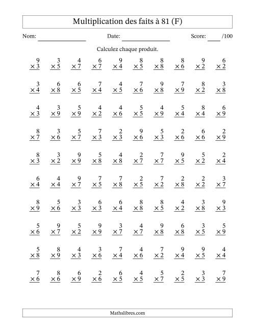 Multiplication des faits à 81 (100 Questions) (Pas de zéros ni de uns) (F)