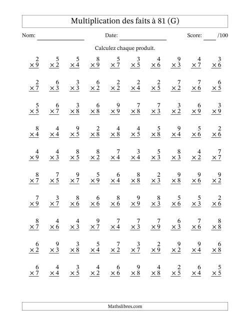 Multiplication des faits à 81 (100 Questions) (Pas de zéros ni de uns) (G)