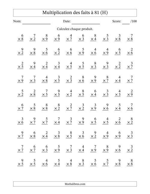 Multiplication des faits à 81 (100 Questions) (Pas de zéros ni de uns) (H)