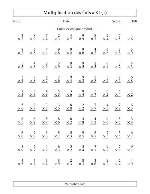 Multiplication des faits à 81 (100 Questions) (Pas de zéros ni de uns) (I)