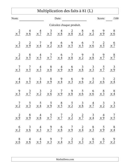 Multiplication des faits à 81 (100 Questions) (Pas de zéros ni de uns) (L)