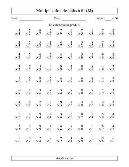 Multiplication des faits à 81 (100 Questions) (Pas de zéros ni de uns) (M)