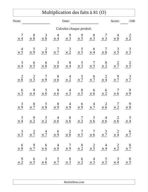 Multiplication des faits à 81 (100 Questions) (Pas de zéros ni de uns) (O)