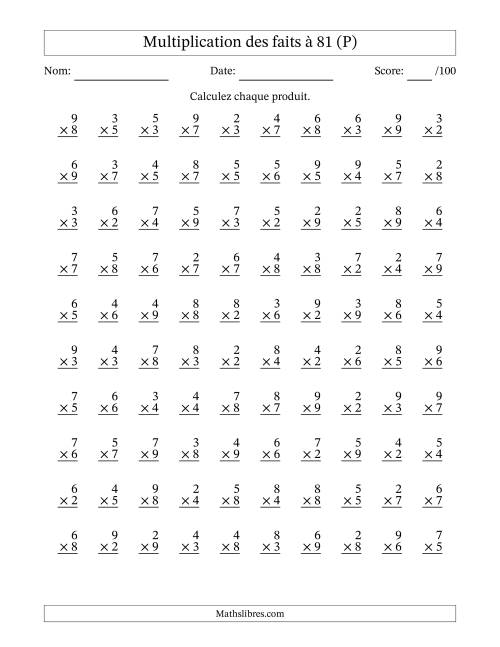 Multiplication des faits à 81 (100 Questions) (Pas de zéros ni de uns) (P)