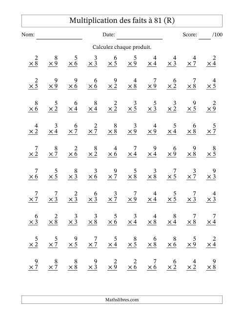 Multiplication des faits à 81 (100 Questions) (Pas de zéros ni de uns) (R)