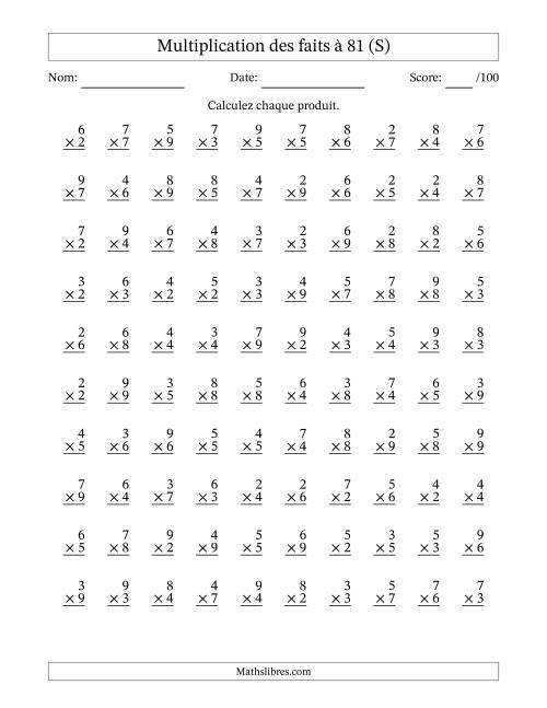 Multiplication des faits à 81 (100 Questions) (Pas de zéros ni de uns) (S)