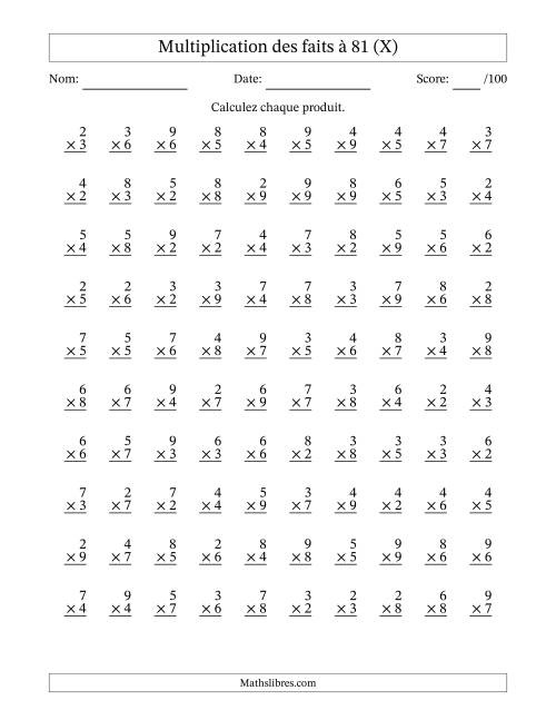 Multiplication des faits à 81 (100 Questions) (Pas de zéros ni de uns) (X)