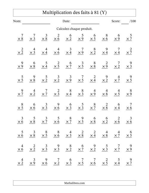 Multiplication des faits à 81 (100 Questions) (Pas de zéros ni de uns) (Y)