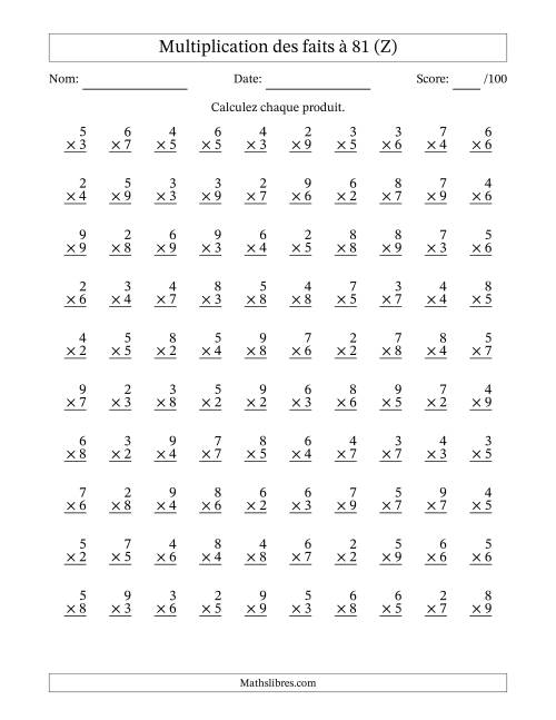 Multiplication des faits à 81 (100 Questions) (Pas de zéros ni de uns) (Z)