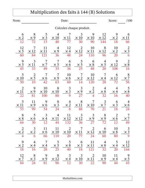 Multiplication des faits à 144 (100 Questions) (Pas de zéros ni de uns) (B) page 2