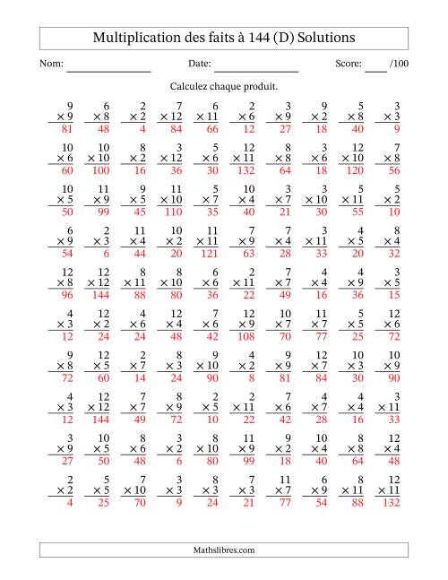Multiplication des faits à 144 (100 Questions) (Pas de zéros ni de uns) (D) page 2