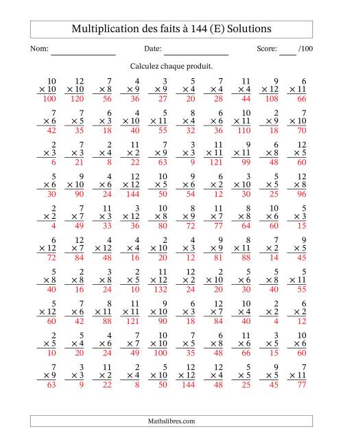 Multiplication des faits à 144 (100 Questions) (Pas de zéros ni de uns) (E) page 2