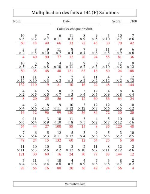 Multiplication des faits à 144 (100 Questions) (Pas de zéros ni de uns) (F) page 2