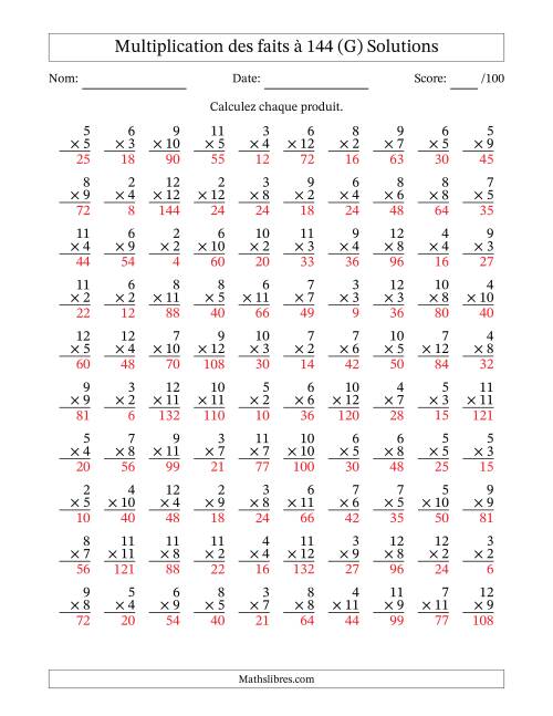 Multiplication des faits à 144 (100 Questions) (Pas de zéros ni de uns) (G) page 2