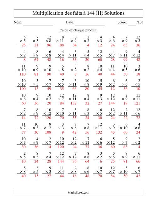 Multiplication des faits à 144 (100 Questions) (Pas de zéros ni de uns) (H) page 2