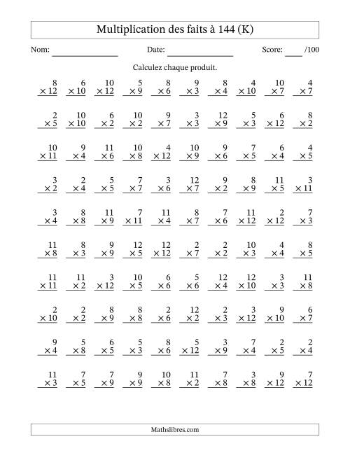 Multiplication des faits à 144 (100 Questions) (Pas de zéros ni de uns) (K)