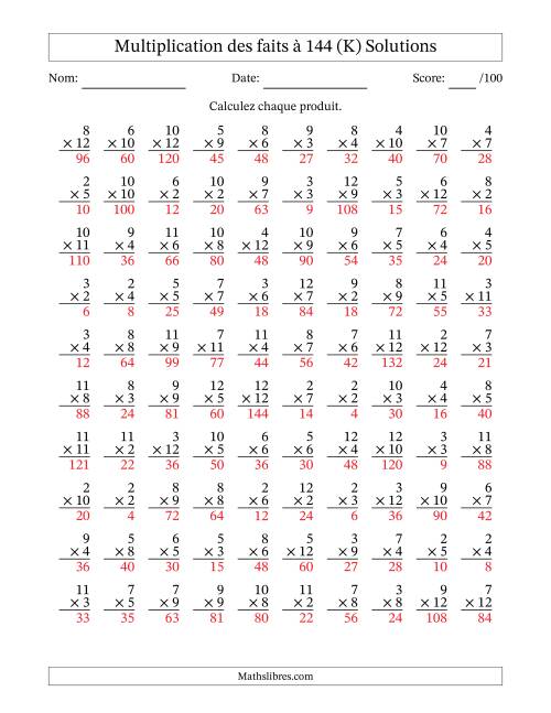 Multiplication des faits à 144 (100 Questions) (Pas de zéros ni de uns) (K) page 2