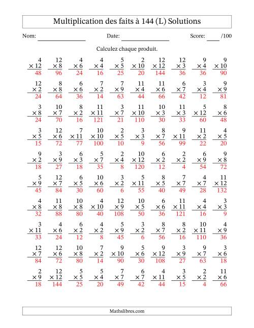 Multiplication des faits à 144 (100 Questions) (Pas de zéros ni de uns) (L) page 2