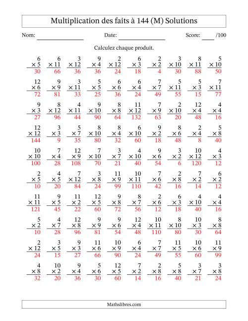Multiplication des faits à 144 (100 Questions) (Pas de zéros ni de uns) (M) page 2