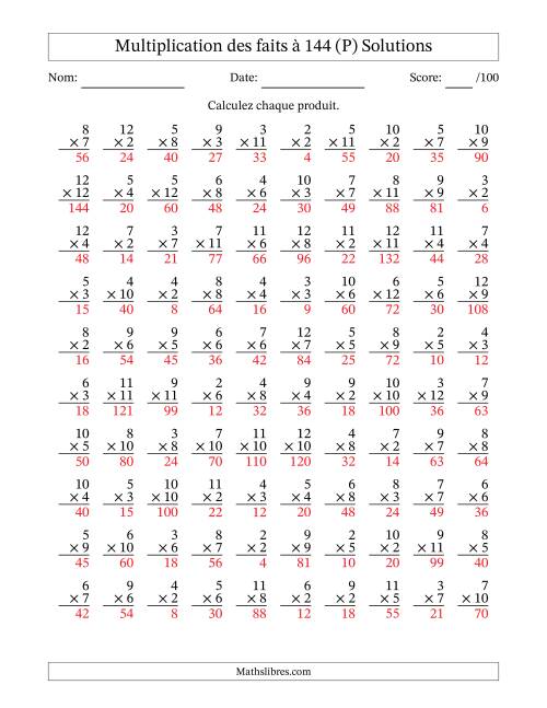 Multiplication des faits à 144 (100 Questions) (Pas de zéros ni de uns) (P) page 2