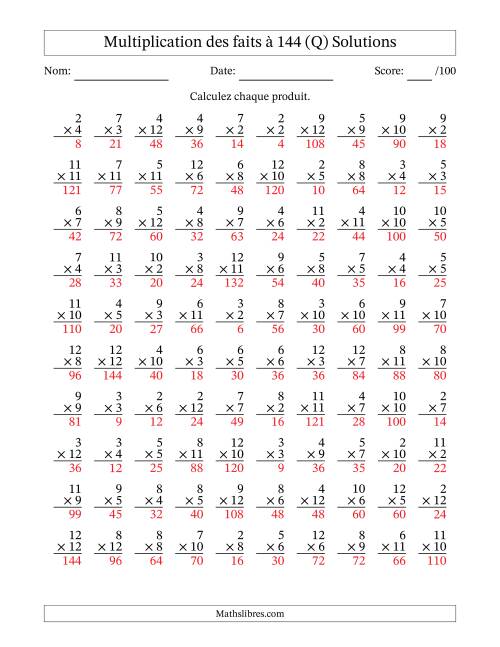 Multiplication des faits à 144 (100 Questions) (Pas de zéros ni de uns) (Q) page 2