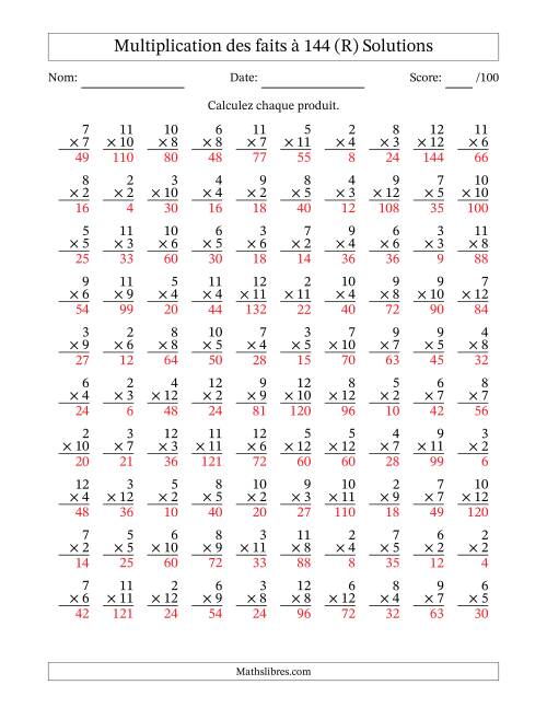 Multiplication des faits à 144 (100 Questions) (Pas de zéros ni de uns) (R) page 2