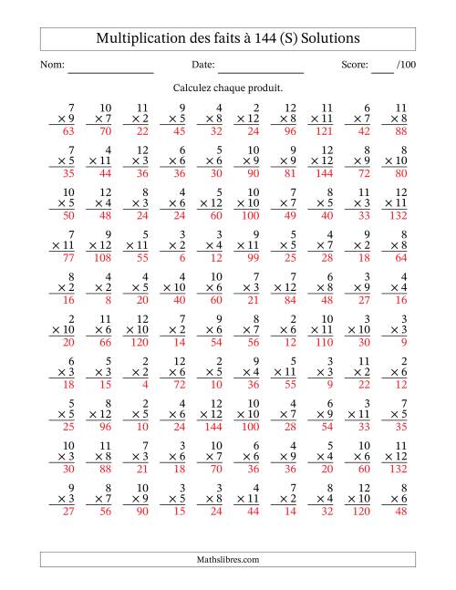 Multiplication des faits à 144 (100 Questions) (Pas de zéros ni de uns) (S) page 2