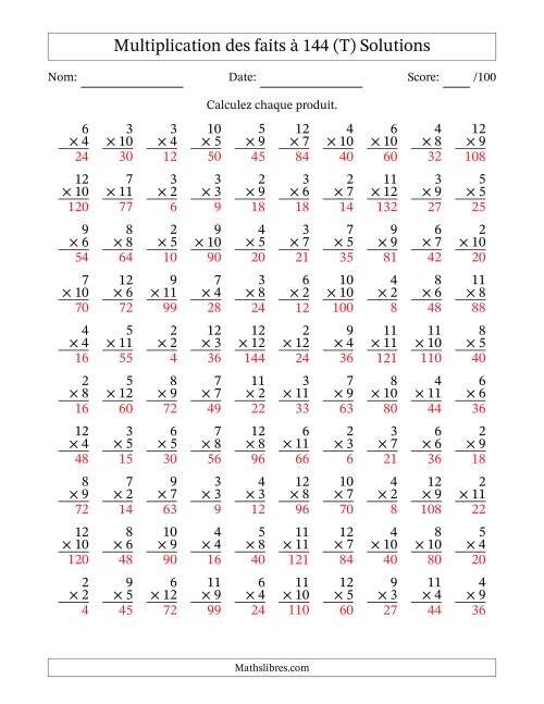 Multiplication des faits à 144 (100 Questions) (Pas de zéros ni de uns) (T) page 2