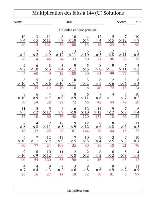 Multiplication des faits à 144 (100 Questions) (Pas de zéros ni de uns) (U) page 2