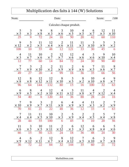 Multiplication des faits à 144 (100 Questions) (Pas de zéros ni de uns) (W) page 2