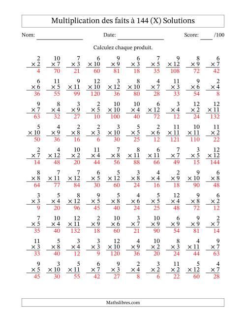 Multiplication des faits à 144 (100 Questions) (Pas de zéros ni de uns) (X) page 2