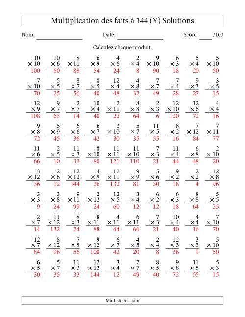 Multiplication des faits à 144 (100 Questions) (Pas de zéros ni de uns) (Y) page 2