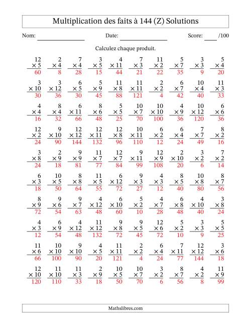 Multiplication des faits à 144 (100 Questions) (Pas de zéros ni de uns) (Z) page 2