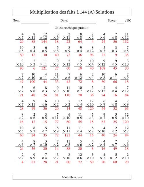 Multiplication des faits à 144 (100 Questions) (Pas de zéros ni de uns) (Tout) page 2