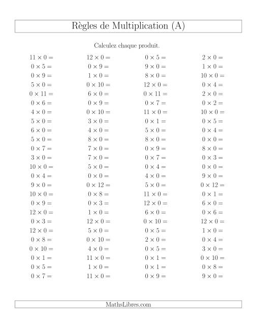 Règles de Multiplication -- Règles de 0 × 0-12 (A)
