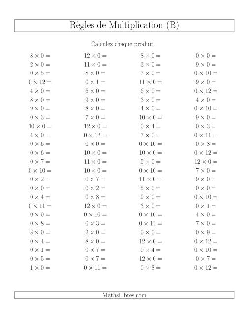Règles de Multiplication -- Règles de 0 × 0-12 (B)