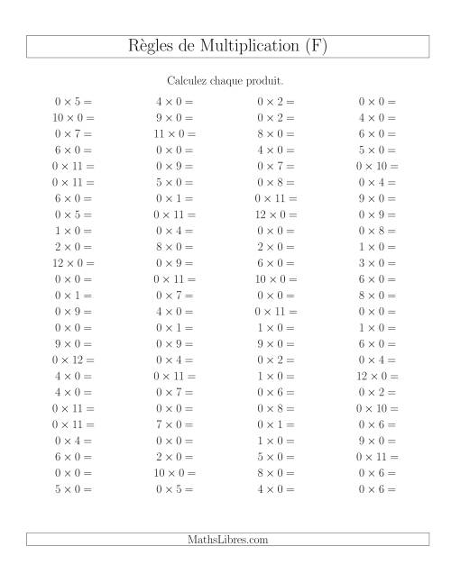 Règles de Multiplication -- Règles de 0 × 0-12 (F)