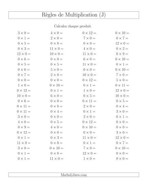 Règles de Multiplication -- Règles de 0 × 0-12 (J)