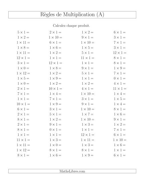 Règles de Multiplication -- Règles de 1 × 0-12 (A)