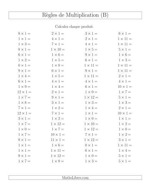 Règles de Multiplication -- Règles de 1 × 0-12 (B)