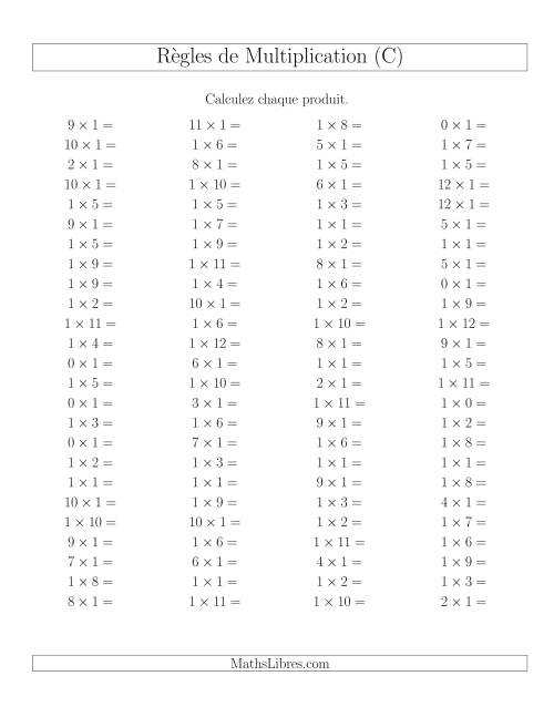 Règles de Multiplication -- Règles de 1 × 0-12 (C)