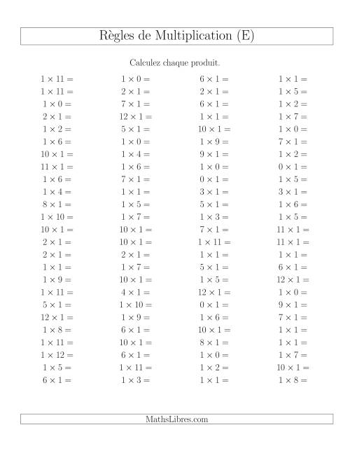Règles de Multiplication -- Règles de 1 × 0-12 (E)
