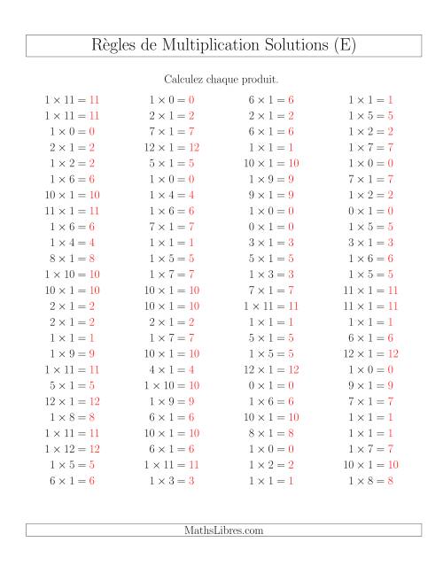 Règles de Multiplication -- Règles de 1 × 0-12 (E) page 2