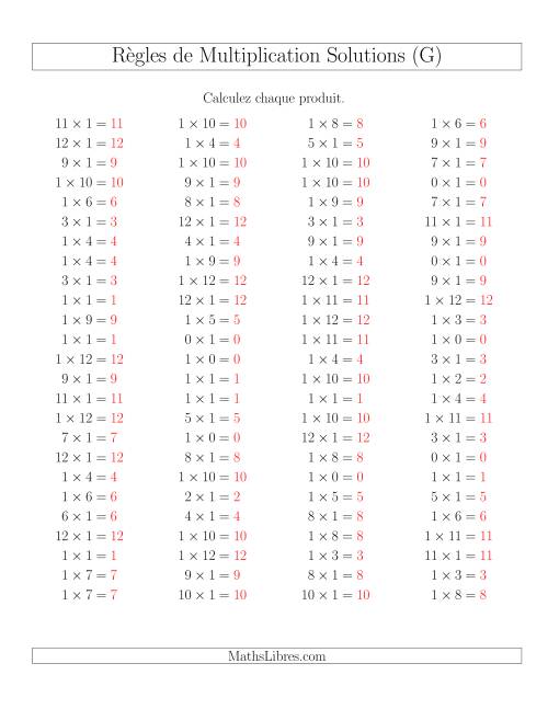 Règles de Multiplication -- Règles de 1 × 0-12 (G) page 2