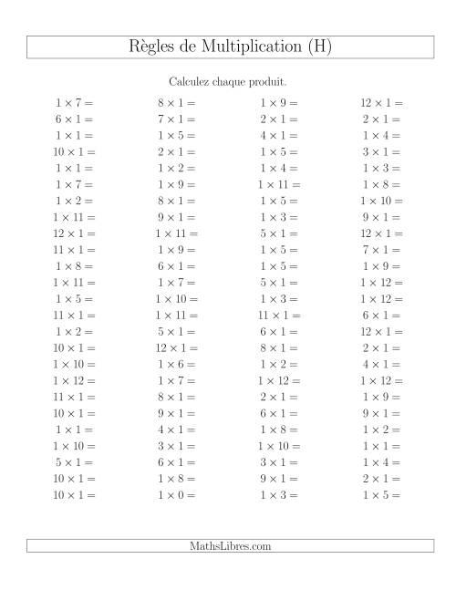 Règles de Multiplication -- Règles de 1 × 0-12 (H)
