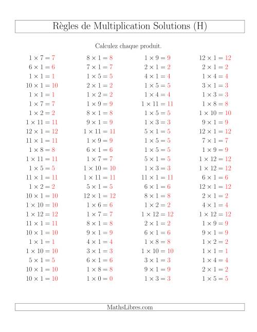 Règles de Multiplication -- Règles de 1 × 0-12 (H) page 2