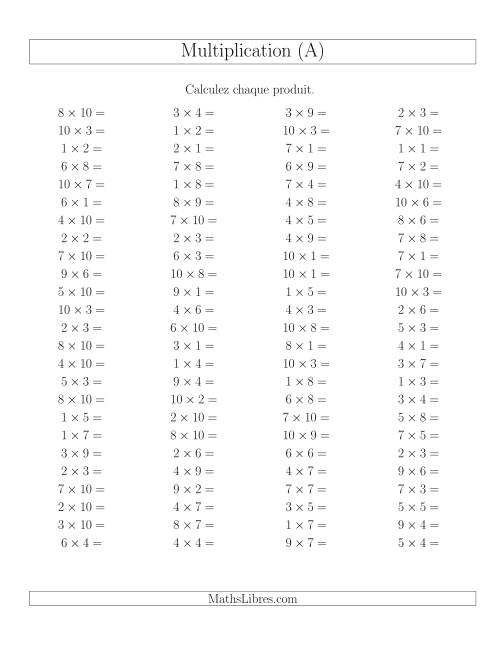 Règles de Multiplication -- Règles jusqu'à 100 (A)